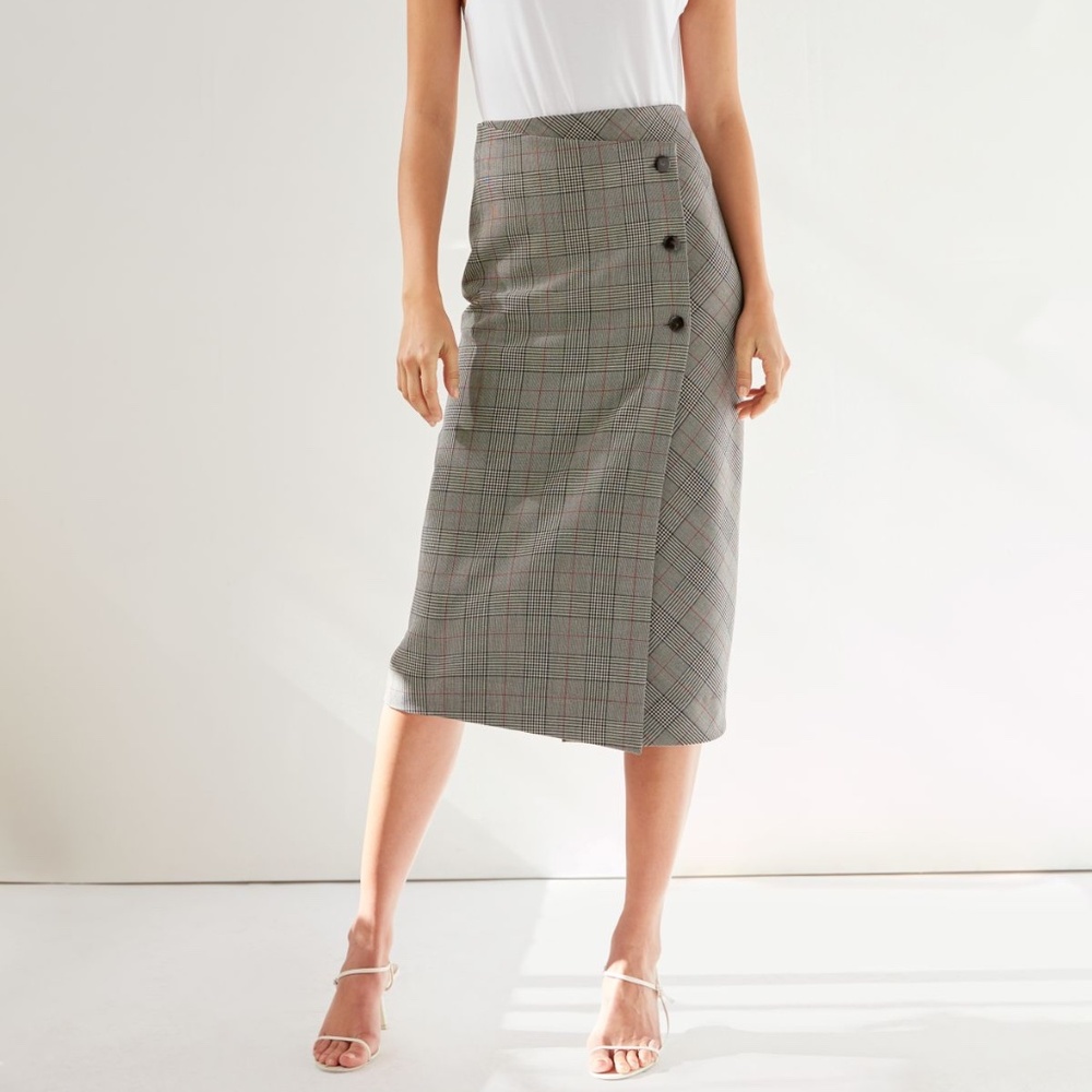 Babaton Billy Skirt Plaid Button Front Asymmetrical Grey Size 4